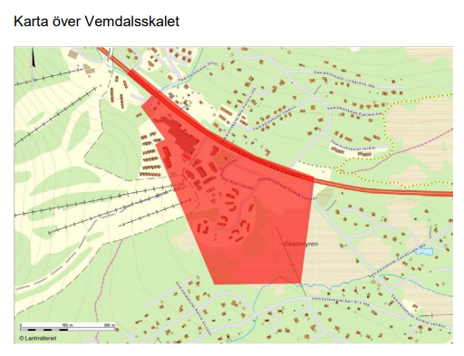 Karta som utvisar område i Sveg inom vilket det råder förbud mot att på allmän plats förtära alkohol
