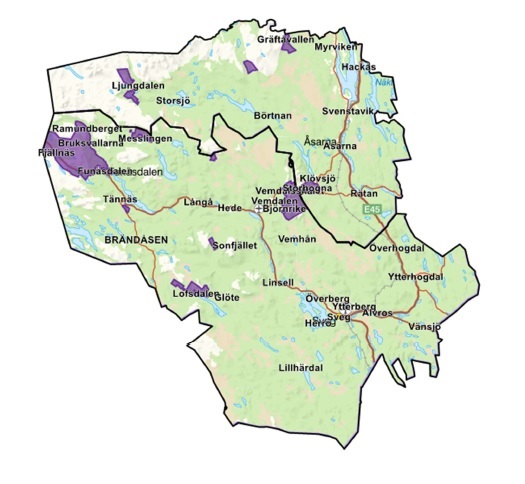 Fig. 1. Hämtområde 2 markerat med lila. Hämtområde 1 är övriga delar av kommunerna.