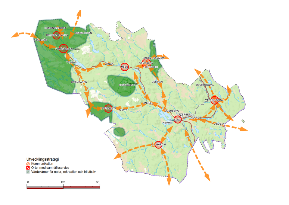 Bild över Härjedalens kommun som visar områden för utvecklingsstrategin. 
